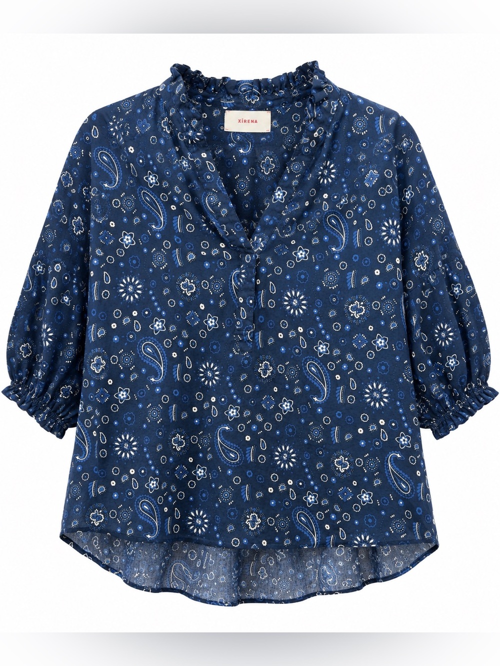 XiRENA Navy Blue Paisley Floral Ruffle Peasant Blouse 100% Cotton